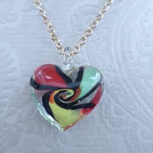 Handmade Red Green Yellow Heart Beaded Glass Pendant Gold Tone Chain Necklace